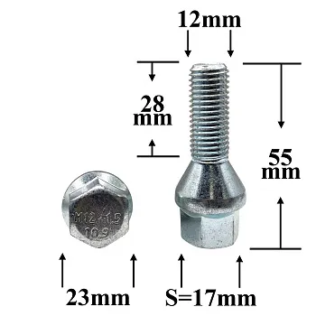Болт колёсный иномарки М12х1,5х55/28 ключ 17, конус, S-966-07