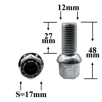 Болт колёсный иномарки М14х1,5х48/27 ключ 17, сфера, цинк (VW)