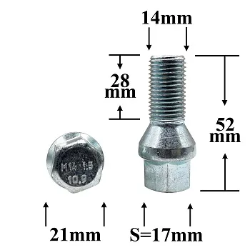 Болт колёсный иномарки М14х1,25х52/28 ключ 17, конус S-966-08